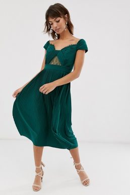 ASOS DESIGN lace and pleat bardot midi dress Green