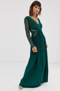 ASOS DESIGN lace and pleat long sleeve maxi dress Forest Green
