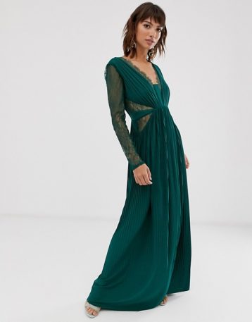 ASOS DESIGN lace and pleat long sleeve maxi dress Forest Green