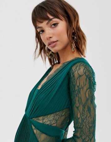 ASOS DESIGN lace and pleat long sleeve maxi dress Forest Green