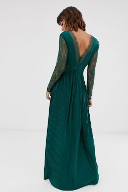 ASOS DESIGN lace and pleat long sleeve maxi dress Forest Green