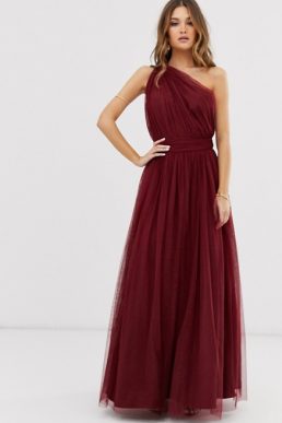 ASOS DESIGN one shoulder tulle maxi dress Oxblood Red