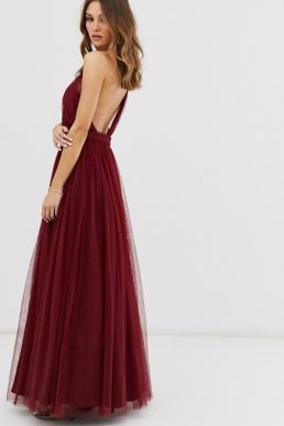 ASOS DESIGN one shoulder tulle maxi dress Oxblood Red