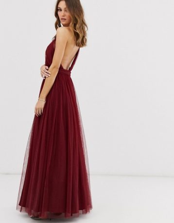 ASOS DESIGN one shoulder tulle maxi dress Oxblood Red