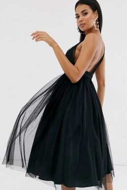 ASOS DESIGN one shoulder tulle midi bridesmaid dress Black