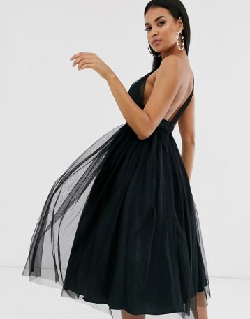 ASOS DESIGN one shoulder tulle midi bridesmaid dress Black