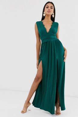 ASOS DESIGN Premium Lace Insert Pleated Maxi Dress Forest Green