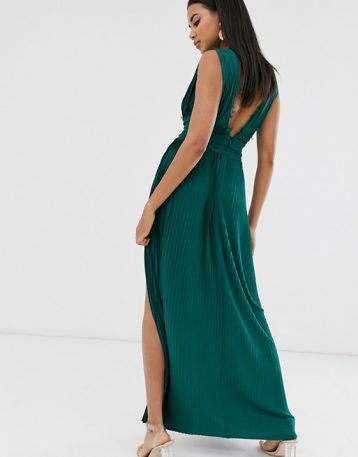 ASOS DESIGN Premium Lace Insert Pleated Maxi Dress, Forest Green - Image 2