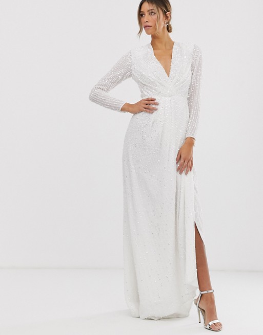 ASOS EDITION pleated plunge wrap wedding dress in sequin, Ivory -  myonewedding.co.uk