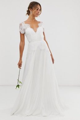 ASOS EDITION plunge lace wedding dress with pleated skirt Ivory