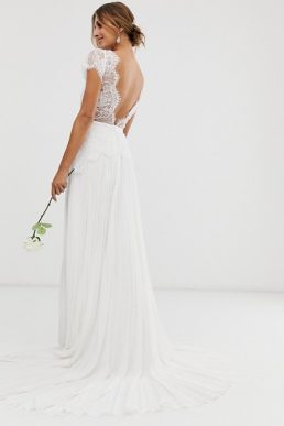 ASOS EDITION plunge lace wedding dress with pleated skirt Ivory