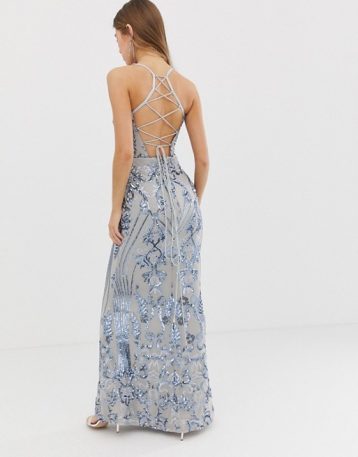 Bariano embellished patterned sequin strappy back maxi dress in silver/blue - Image 2