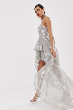 Bariano waterfall mesh maxi dress with floral embroidery in grey