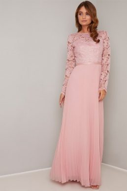 Chi Chi Annelise Lace Sleeve Bridesmaid Maxi Dress Pink Blush