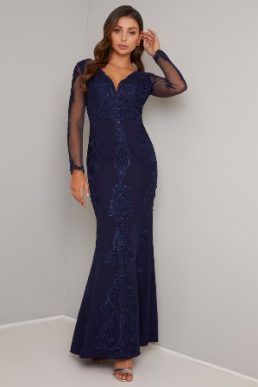 Chi Chi Ardenia Embroidered Sheer Sleeve Maxi Dress Navy Blue
