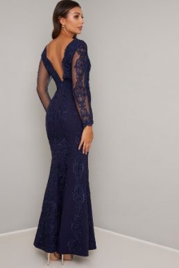 Chi Chi Ardenia Embroidered Sheer Sleeve Maxi Dress Navy Blue