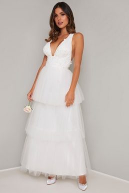 Chi Chi Bridal Fleur Layered Tulle Maxi Dress White