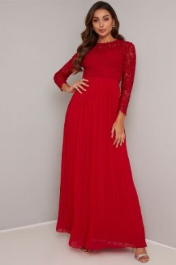 Chi Chi Elora Lace Sleeve Bridesmaid Maxi Dress Bright Red