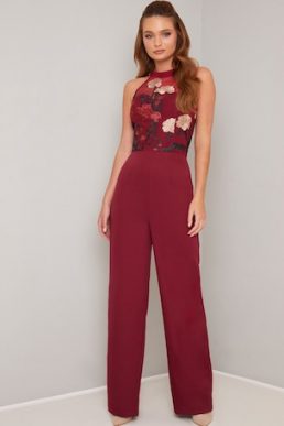 Chi Chi Jannie Floral Embroidered Halter Jumpsuit Red Multi