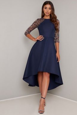 Chi Chi Leena Lace Embroidered Sleeve High Low Dress Navy Blue