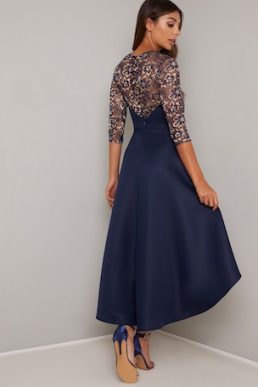 Chi Chi Leena Lace Embroidered Sleeve High Low Dress Navy Blue