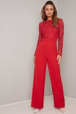 Chi Chi Naarah Lace Sleeve Jumpsuit Bright Red