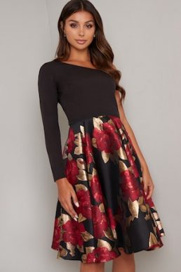 Chi Chi Rosalin Sleeve Floral Skirt Dress Black Red Multi