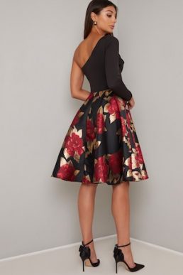 Chi Chi Rosalin Sleeve Floral Skirt Dress Black Red Multi
