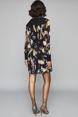 Reiss Finn Floral Print Crinkled Sheer Dress Black Pink