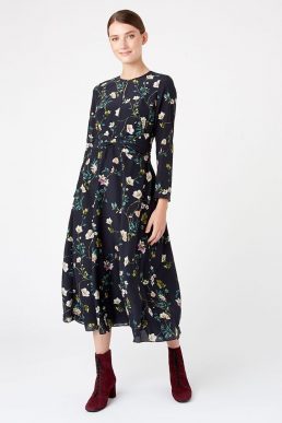 Hobbs Silk Hellebore Floral Print Sleeve Dress Navy Multi