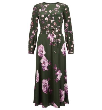 Hobbs Silk Winter Rose Dress Green Pink