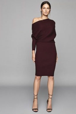 Reiss Lara Off The Shoulder Knitted Shift Dress Pomegranate Red Purple