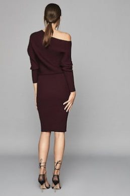 Reiss Lara Off The Shoulder Knitted Shift Dress Pomegranate Red Purple