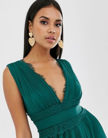 ASOS DESIGN Premium Lace Insert Pleated Maxi Dress Forest Green