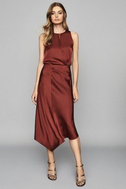 Reiss Aspen Satin Slip Skirt Red