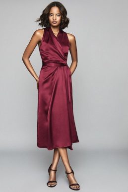 Reiss Moa Silk Blend Wrap Effect Maxi Dress Burgundy Red