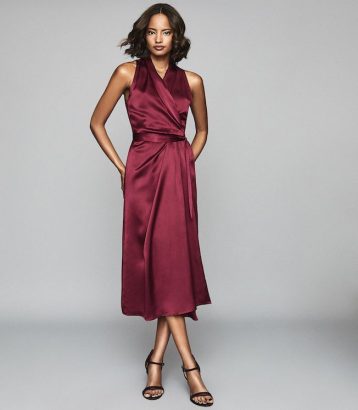 Reiss Moa Silk Blend Wrap Effect Maxi Dress Burgundy Red