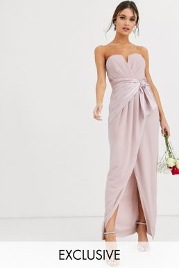 TFNC Bridesmaid bandeau maxi wrap dress with satin front detail taupe blush