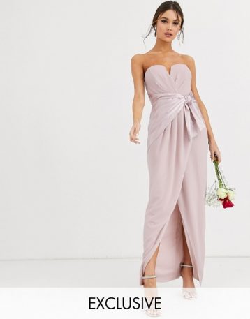 TFNC Bridesmaid bandeau maxi wrap dress with satin front detail taupe blush