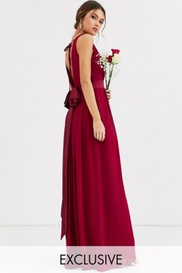 TFNC Bridesmaid maxi dress with satin bow back in mulberry red