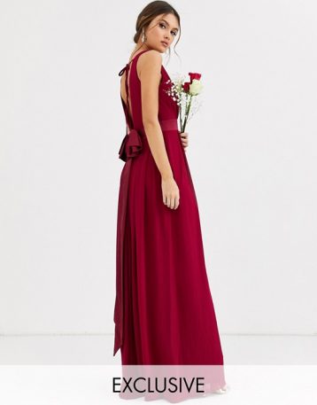TFNC Bridesmaid maxi dress with satin bow back in mulberry red myonewedding