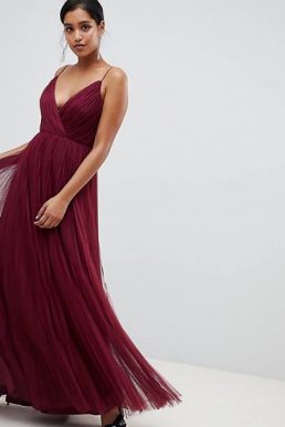 ASOS DESIGN Fuller Bust cami pleat tulle maxi dress dark red