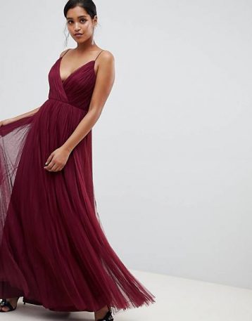 ASOS DESIGN Fuller Bust cami pleat tulle maxi dress dark red