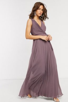 ASOS DESIGN wrap bodice maxi dress with tie waist and pleat skirt Mauve