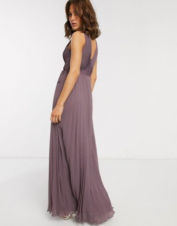 ASOS DESIGN wrap bodice maxi dress with tie waist and pleat skirt Mauve