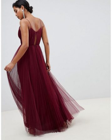 ASOS DESIGN Fuller Bust cami pleat tulle maxi dress dark red