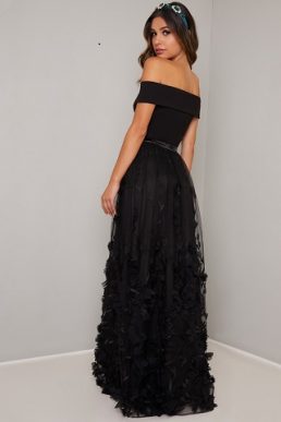 Chi Chi Dax Floral Petal Bardot Maxi Dress Black