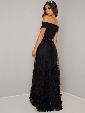 Chi Chi Dax Floral Petal Bardot Maxi Dress Black SALE Wedding Guest