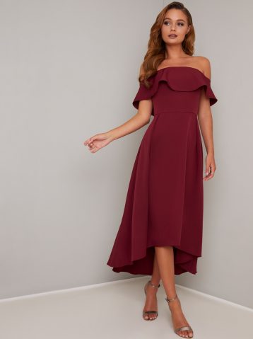 Chi Chi Elma Bardot Midi High Low Dress Burgundy