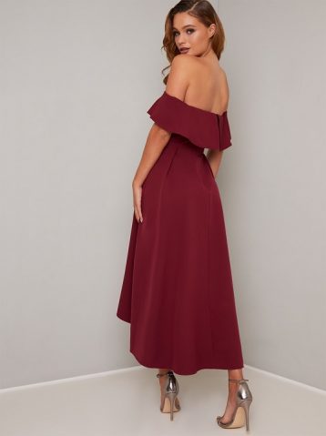 Chi Chi Elma Bardot Midi High Low Dress, Burgundy - Image 2